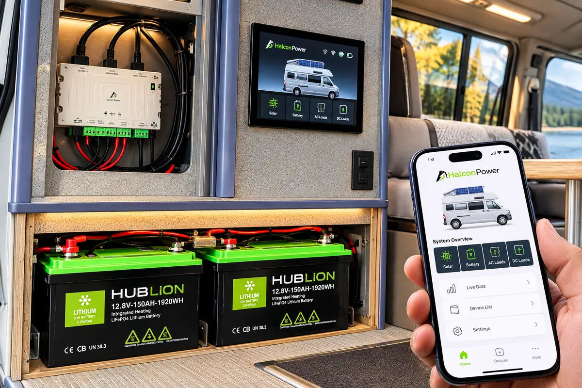 Illustration of a camper van power system with two lithium batteries under a bench, a control unit, a wall-mounted monitoring screen and a phone app showing solar, battery and load status